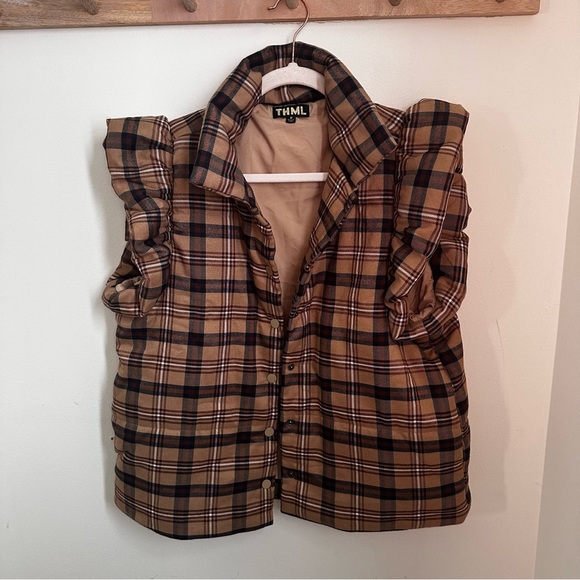 THML Brown Plaid Ruffle Sleeve Quilted Vest M - Picture 1 of 5